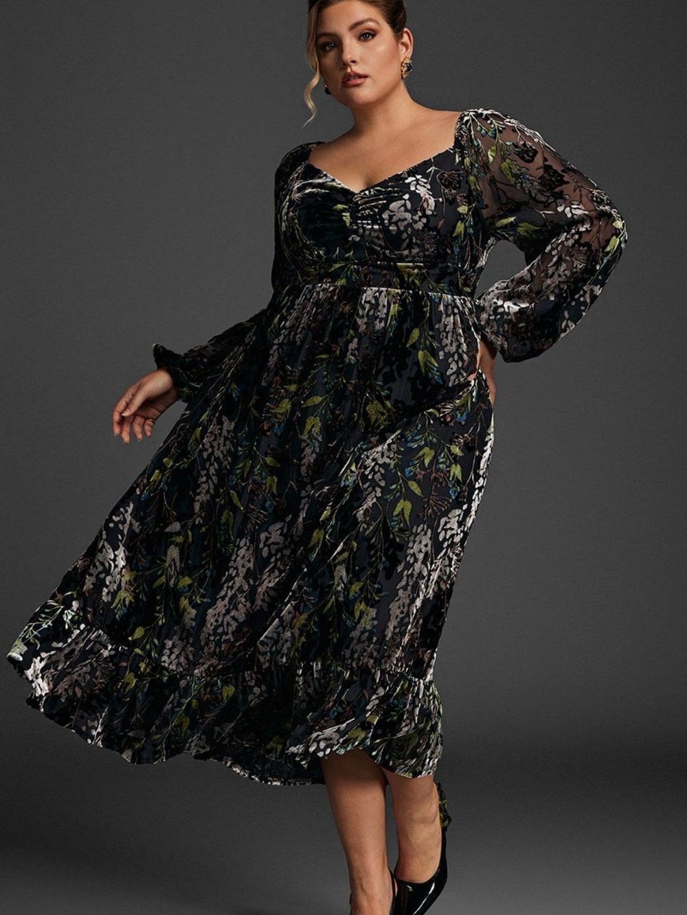 NWT Curveins Floral Velvet Draped Collar Midi Dress Size 3XL